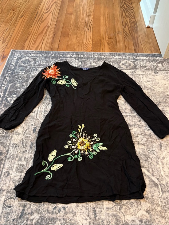 Rita Dresses & Skirts - Black Embroidered V-Neck Midi Dress with Floral Accents